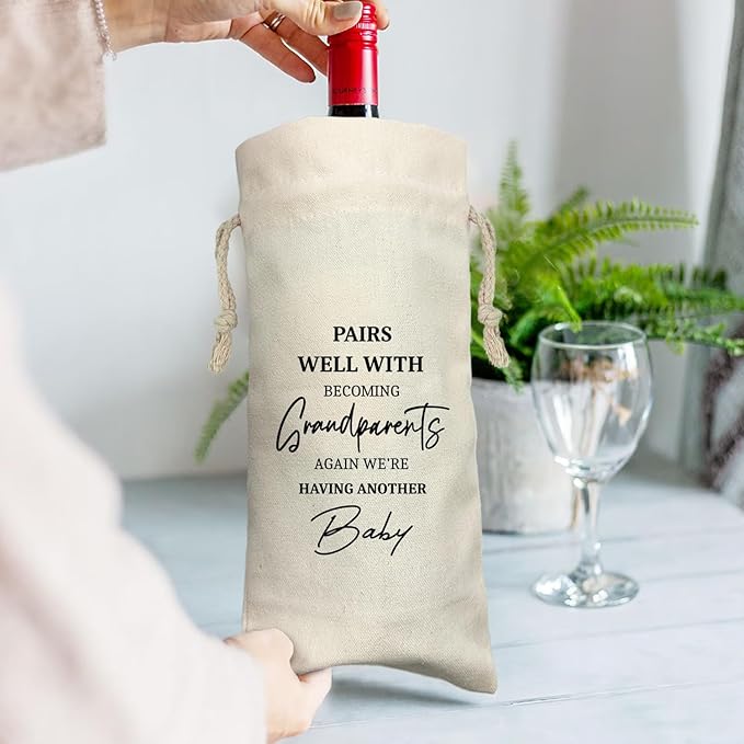 ZHANTUONE,Gift for Being Grandparents Again Ideas Wine Bag,Funny Pregnancy Announcement Wine Bag,Drawstring Polyester Cotton Cloth Wine Bag,Gifts for Grandparents,New Baby Gift,13IN