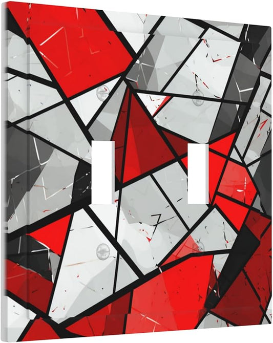 Red Gray Black White Geometric Double Toggle Light Switch Covers 2 Gang Wall Plate Dual Decorative Switchplate Electrical Faceplate for Bathroom Country Kitchen Bedroom Decor, 4.9" x 5"