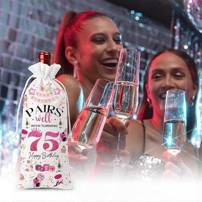 75th Birthday Gifts for Women Men Wine Bag, Birthday Gifts for 75 Year Old Man, Happy 75th Birthday Party Decorations Women for Men, Pairs Well with Turning 75 Wine Bags (White Pink)