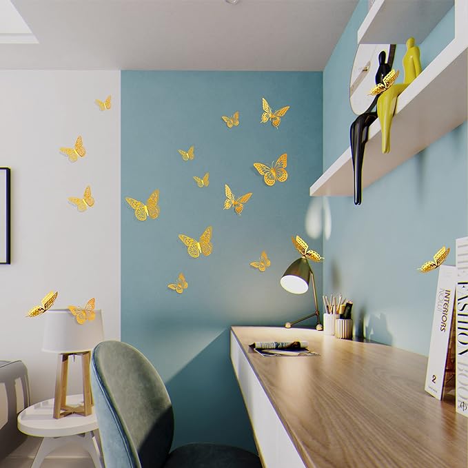 SAOROPEB 3D Butterfly Wall Decor 48 Pcs 4 Styles 3 Sizes, Gold Butterfly Decorations for Butterfly Birthday Decorations Butterfly Party Decorations Cake Decorations, Removable Stickers (Gold)