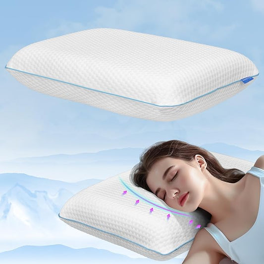Memory Foam Pilllows for Sleeping, Soft Contour Pillow for Pain Relief, Bed Pillow for Side Back Stomach Sleepers,Cooling Pillow with Removable and Washable Cover, White