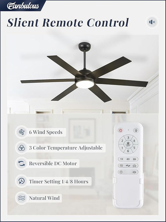 58 Inch Ceiling Fans with Lights and Remote, Black Indoor/Outdoor Ceiling Fan with Quiet Reversible DC Motor, 6 Speeds, 3CCT, 6 Blades Large Ceiling Fan for Living Room Bedroom Patio