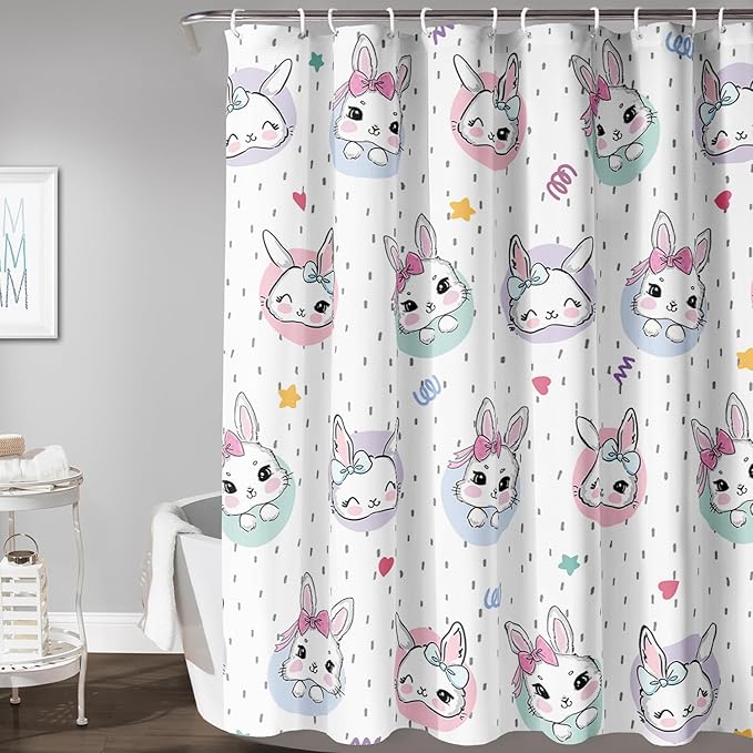 AILONEN Cute Rabbit Shower Curtain, Cartoon Kawaii Bunny Shower Curtain for Bathroom,Modern Minimalist White Waterproof Fabric Shower Curtain Set with Hooks 72" W*84" H