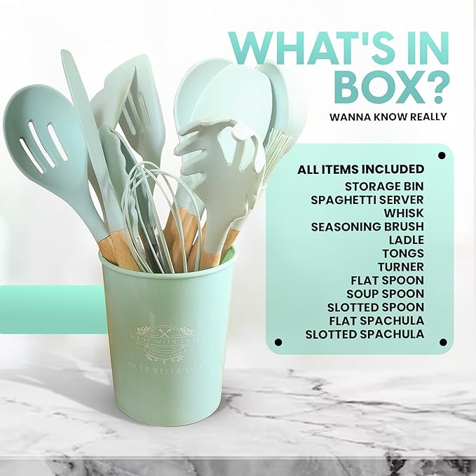 Silicone Utensil Set, 12 PCS Wooden Handle Nontoxic BPA Free 100% Food Grade Silicone Spoon Spatula Ladle Turner Tongs Kitchen Gadgets Utensil Set for Nonstick Cookware (Light Green)