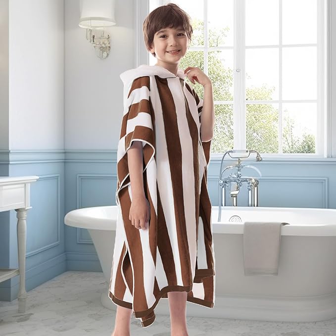 VOOVA & MOVAS Big Kids Poncho Towel with Hood - Teens Hooded Pool Towel Robe (8-16Years), Large and Absorbent Cotton - Versatile for Beach, Pool, Swim, and Bath, Brown Cabana Stripe
