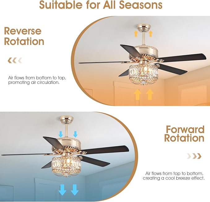 Chandelier Ceiling Fans with Lights - 52 Inch Modern Farmhouse Fandelier Ceiling Fan with Remote, Crystal Ceiling Fan Light for Bedroom Living Dining Room, Dual Finish Wooden Blades, Gold
