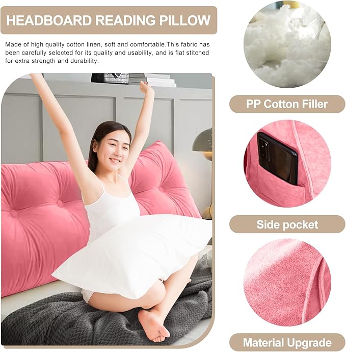 Large Triangular Headboard Pillows Long Backrest Positioning Support Bolster Cushion for Daybed Fluffy Quality Plush Body Wedge Pillow with Removable Cover(Pink -Twin/Twin XL-39x8x20 in)