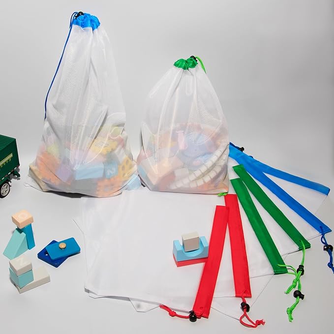 Toy Storage Bags, 10Pcs Reusable Mesh Bags and 2Pcs Large Clear Toy Storage Bags with Drawstring, Toy Organizer Bags for Kids Puzzle Building Blocks Balls and Dolls, Produce Bags for Fruits, Vegetable