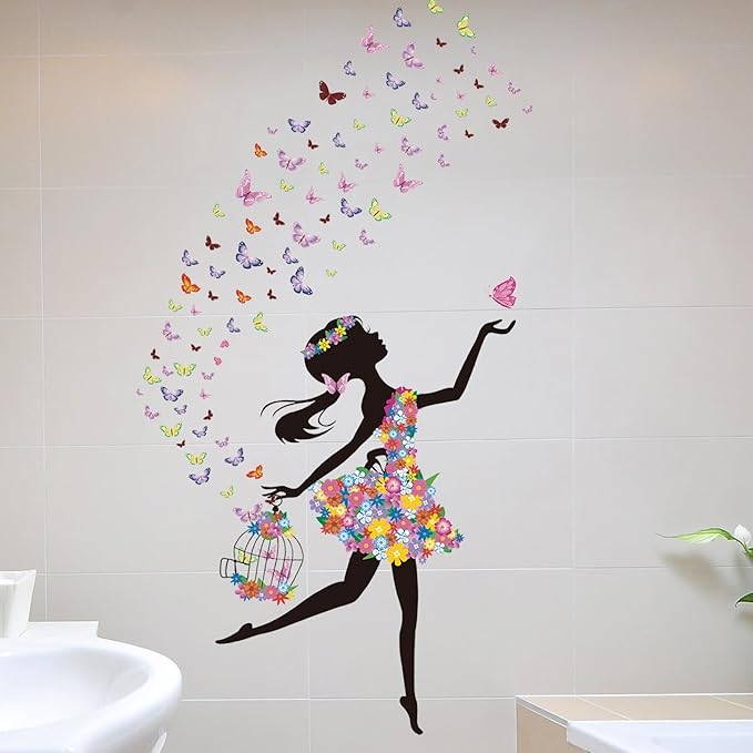 Flower Fairy Wall Decals Peel and Stick Large Princess Wall Decals for Girls Bedroom with Birdcage Pink Butterfly Wall Decor Stickers for Baby Girl Nursery Living Room Classroom (2 Sheets)