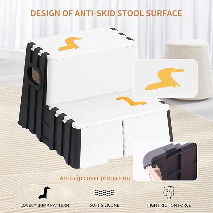Toddler Step Stool,Anti-Slip Sturdy 2 Step Folding Stools for Kids for Bathroom Toilet Potty Training(Black and White)