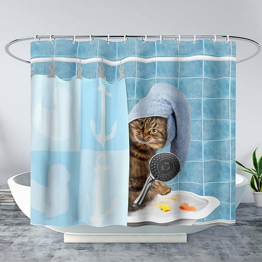 AILONEN Funny Cat Shower Curtain for Kids 36" W*72" H Inch,Cute Kitten Taking Shower Bathroom Curtain,12 Pack Hooks Polyester Waterproof Fabric Decor for Bathroom,Blue