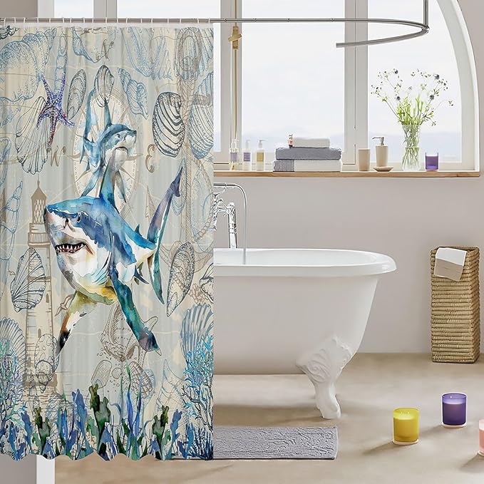 Feelyou Shark Fabric Shower Curtain Under Sea Animals Themed Shower Curtain for Kids Shells and Corals Bathroom Waterproof Accessories with 12 Hooks Watercolor Blue and Brown Curtains,72X72 Inches