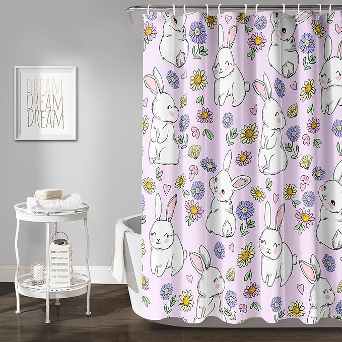 AILONEN Rabbit Bunny Shower Curtain for Bathroom,Cute Animal Shower Curtain Colorful Flower Decor Bath Curtain 60" W*72" H Polyester Fabric Waterproof Bathroom Bathtub Curtain with 12 Hooks