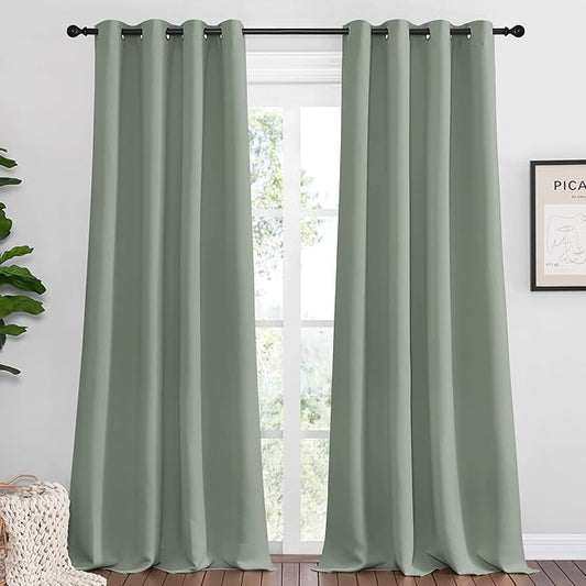 NICETOWN Greyish Green Blackout Curtains 90" Long for Office, Dining Room, Guest Room, Sound Reducing Heat and Cold Block Curtain Panels for Modern Room Decorative (55" Wide, 2 Pieces)