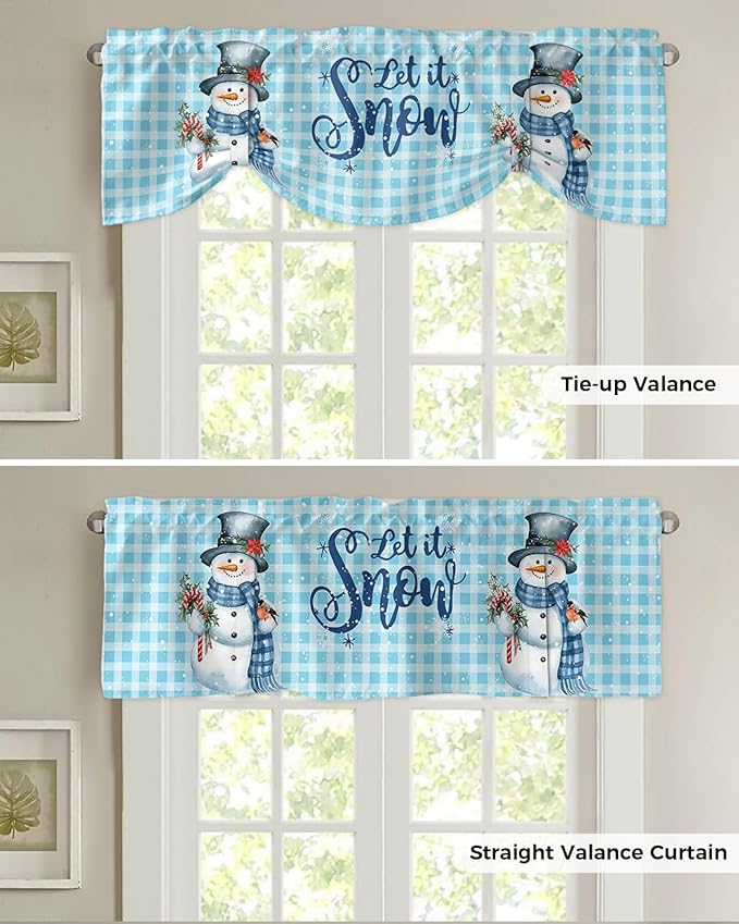Snowman Christmas Blackout Tie Up Valance Curtains for Kitchen Windows Let It Snow Winter Holiday Window Toppers Balloon Shades for Living Room/Bath/Bedroom,1 Panel, 42" X 18",Blue White Buffalo Plaid