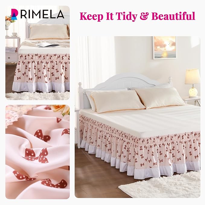 RIMELA Light Pink Elastic Bed Skirt Queen Szie 14 inch Drop, Bedskirt Easy to Put On, Solid Wrap Around Dust Ruffle, Fade Resistant Silky Fabric Machine Washable
