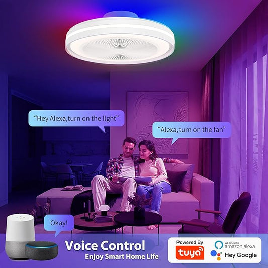 Bladeless Ceiling Fans with Lights, 20" Low Profile Ceiling Fan with Alexa/Google Assistant/APP Control 6 Speeds, Modern Flush Mount RGB Ceiling Fan LED Dimmable Light,White
