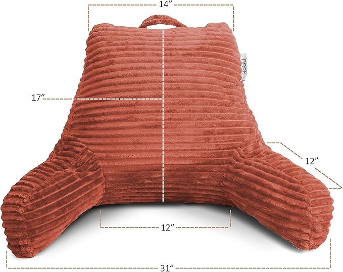 Nestl Reading Pillow with Portable Lap Desk Stand for Laptop 22x14”, Cut Plush Striped Back Pillow, Back Support Pillow, Shredded Memory Foam Bed Rest Pillow with Arms for Kids & Teens, Medium - Misty