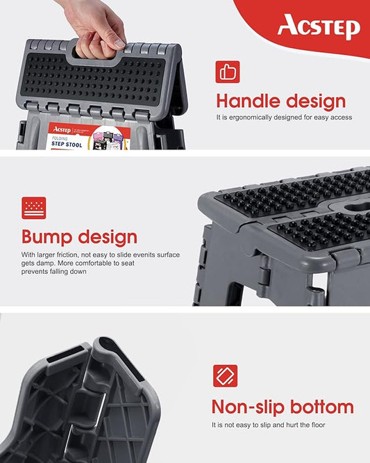 ACSTEP 13" Folding Step Stool- Holds up to 300Lb,The Lightweight Non-Slip Upgrade Collapsible Stepping Stool is Sturdy Enough to Support Adults and Safe Enough for Kids(Grey,1 Pack)