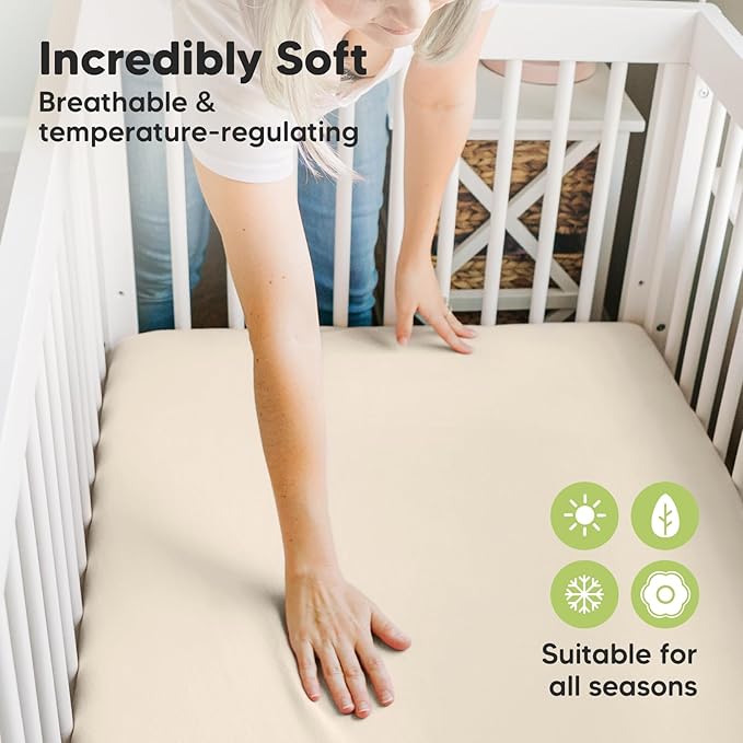 Pack and Play Sheets Fitted, 2-Pack Mini Crib Sheets - Pack N Play Sheets, Organic Fitted Crib Sheet for Pack and Play Mattress, Playard Baby Crib Sheets, Crib Sheets Neutral for Boys, Girls (Cameo)