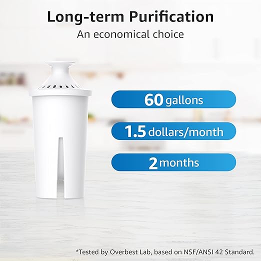 Overbest NSF Certified Pitcher Water Filter, Replacement for Brita® Pitchers and Dispensers, Brita® Classic 35557, OB03, Mavea® 107007, and More, Includes 6 Filters