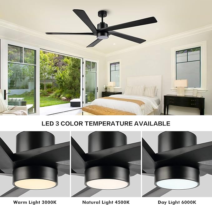 WINGBO 64" DC Ceiling Fan with Lights, 5 Carved Solid Wood Blades, 6-Speed Reversible DC Motor, Matte Black Finish Ceiling Fan with Remote, Black