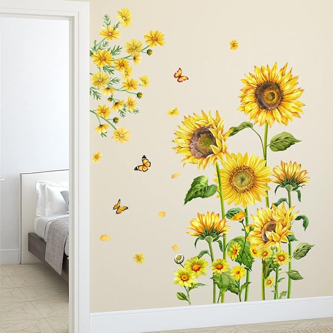 Runtoo Sunflower Wall Stickers Garden Floral Wall Decals Living Room Bedroom Kitchen Nursery Wall Decor