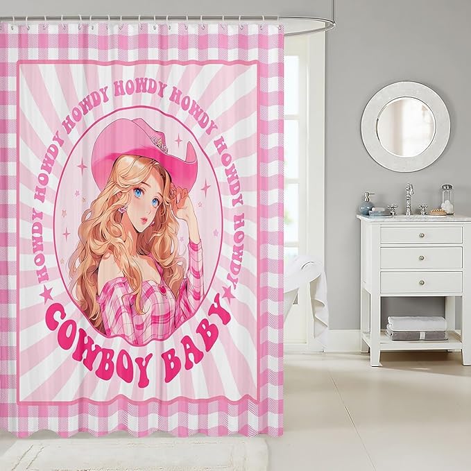 Manfei Western Cowgirl Kids Shower Curtains,Stars Cowboy Rustic Farmhouse Bathroom Curtains for Girls Women,Geometric Grids Patchwork Pink Dreamy Chic Waterproof Curtains,12 Hooks Suits,72" W x 72" L