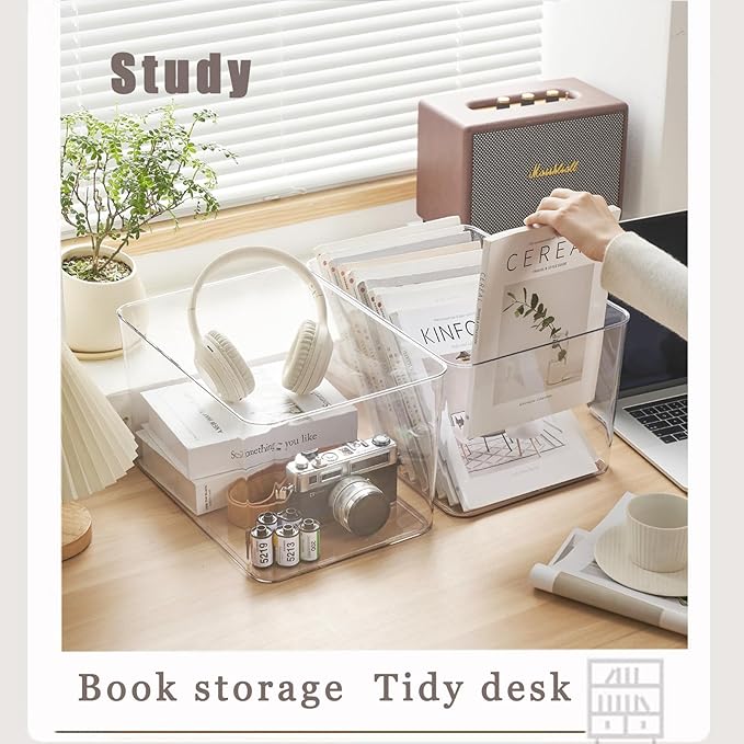 Clear plastic storage bins with LIDS-4packs,storage containers for snacks, cosmetics, books, dog food, Storage Organizer for Nursery,Kitchen, Living room,Bedroom, Bathroom, Office