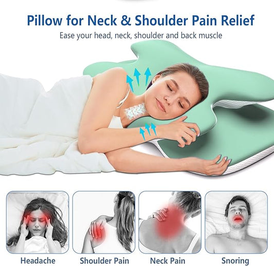 Cervical Neck Pillow for Pain Relief, Contour Memory Foam Pillow with Ice Silk Pillowcase, Neck Support Pillows, Ergonomic Orthopedic Pillow for Back, Side, Stomach Sleepers (Green)