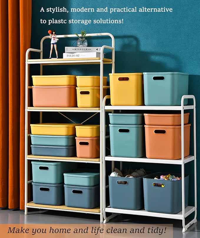 Plastic Storage Bins with Lid, Stackable Storage Containers for Organizing, Storage Baskets for Shelves Kitchen Bathroom Playroom Classroom Office (Medium (Blue+Green))