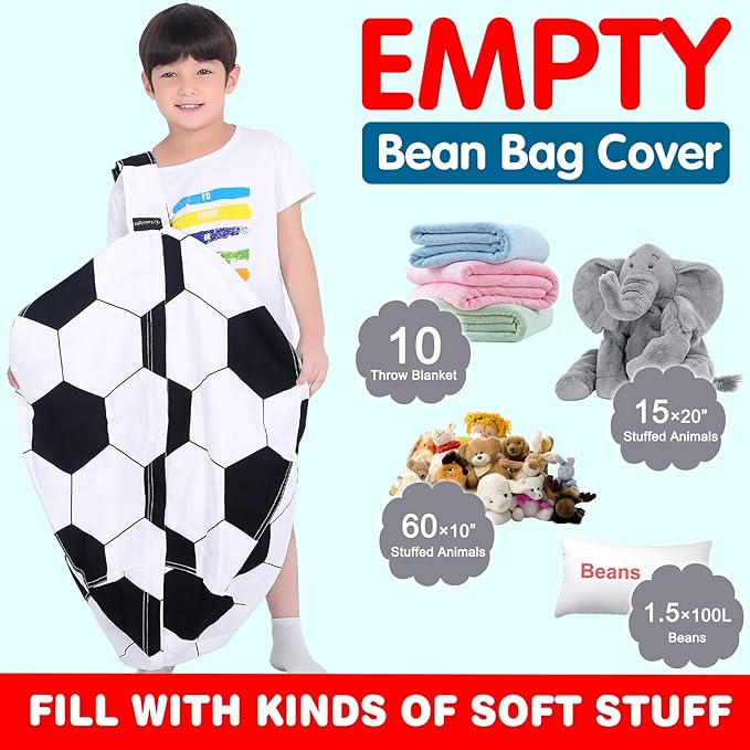 Lukeight Stuffed Animal Storage Bean Bag Chair Cover for Kids, Soccer Zipper Beanbag Chair Cover for Organizing Toddler and Kids' Rooms Plush Toys (Soccer, Large)