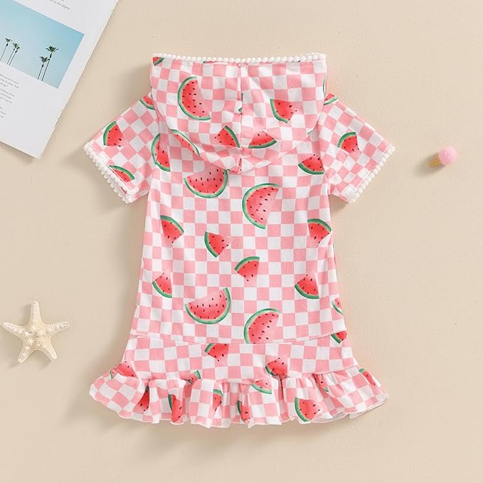 Toddler Beach Towel with Hood Kids Waffle Swim Cover Up Bath Towel Surf Poncho Boys Girls Hooded Beach Towel (Pink Watermelon, 2-3 Years)