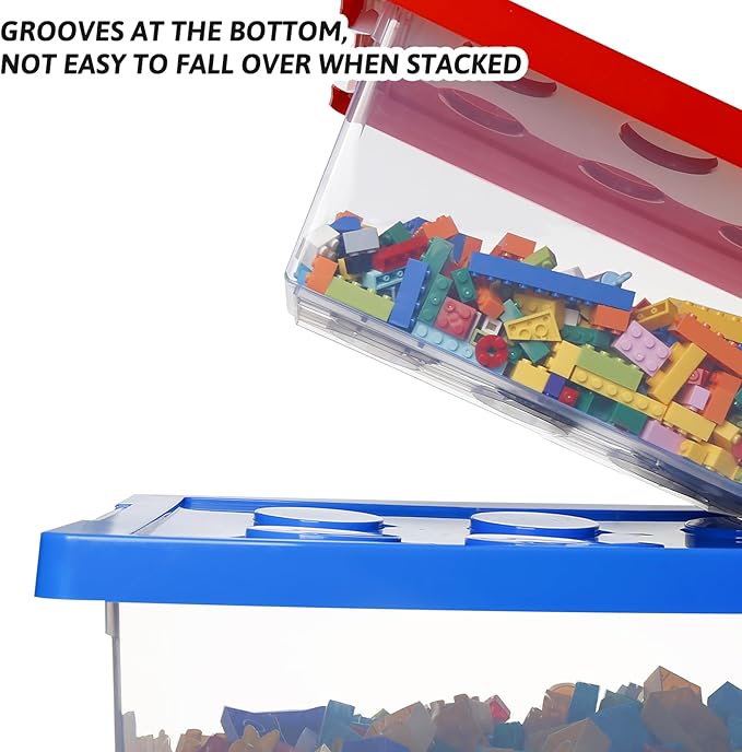 loobuu Plastic Storage Bins with Lids - Stackable Toy Storage Organizer Box Set of 3, Kids Toy Chests Container with Compatible Building Baseplate and Lid for Building Bricks - Yellow+Red+Blue