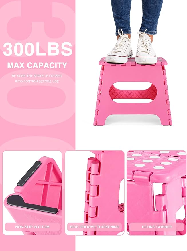 Folding Step Stool 11", Durable Kids Step Stool, Heavy Duty Step Stools for Adults, Compact Foot Stools, Light-Weight Toddler Step Stool for Kitchen, Bathroom, Holds Up to 300 lbs (Pink)