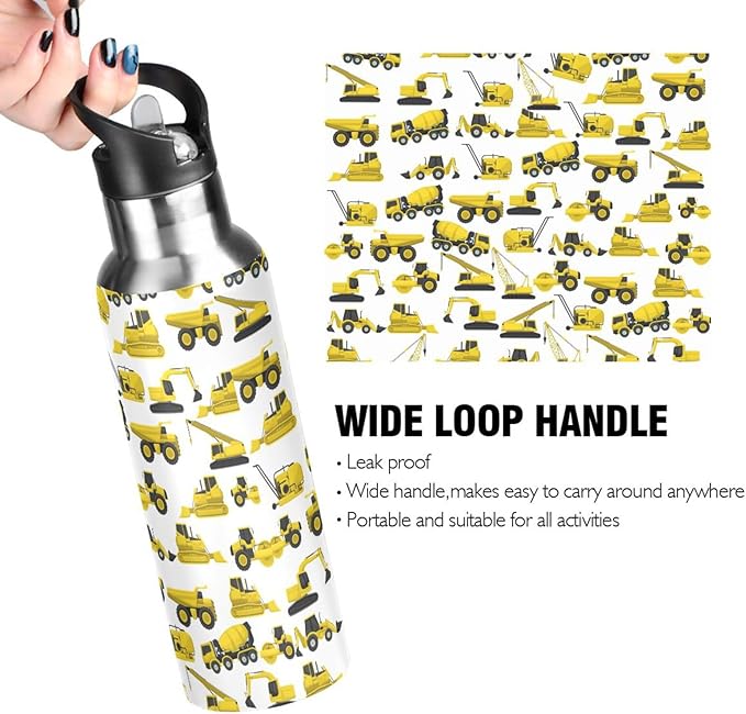Construction Truck Excavator Bulldozer Stainless Steel Water Bottle with Straw Lid - 20 Oz Sports Insulated Water Bottle Thermos for Sport Gym Outdoor Travel School (DZ005)
