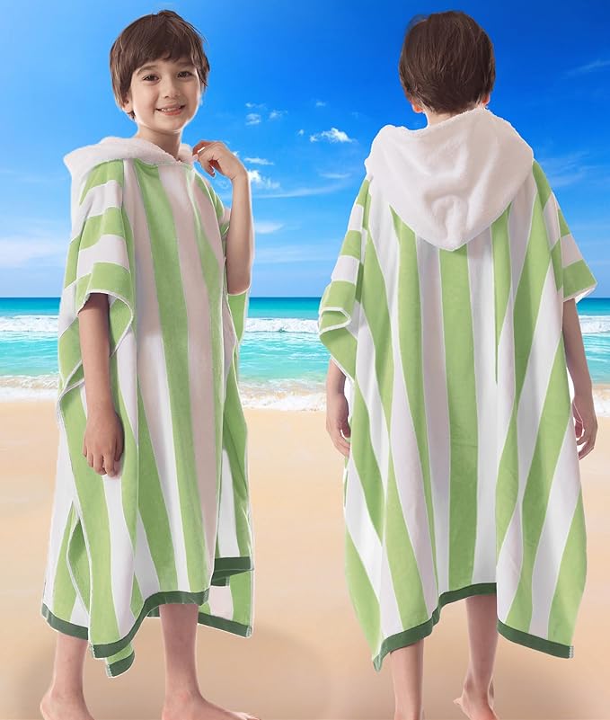 VOOVA & MOVAS Big Kids Hooded Towel Poncho | Large, Thick, Absorbent Cotton Towel Robe | 8-16Years | Versatile for Pool, Swim, and Bathroom | Sage and White Cabana Stripe