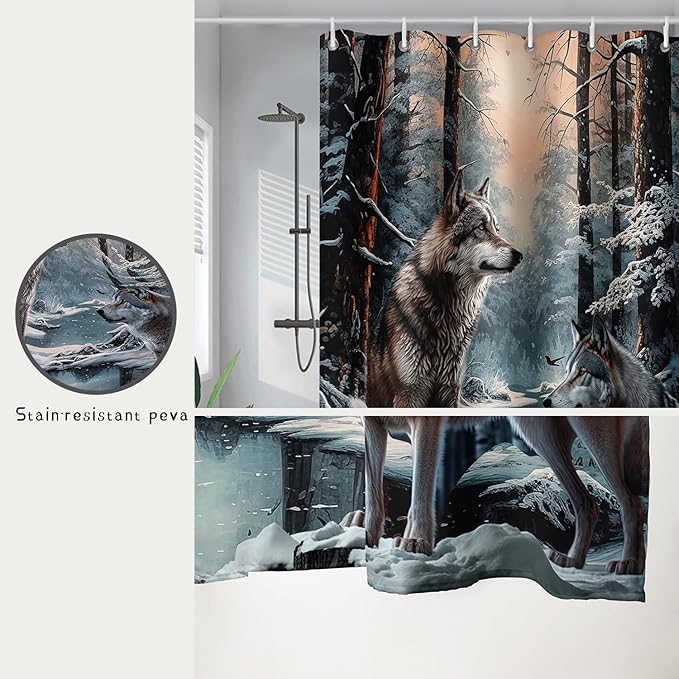 AILONEN Snow Wolf Shower Curtain 48" W*72" H for Boys,Winter Wild Animal Wolf Bathroom Decor,Safari Animal Wolf Printed Bath Curtain Waterproof Bath Curtain with Grommets and 12 Hooks