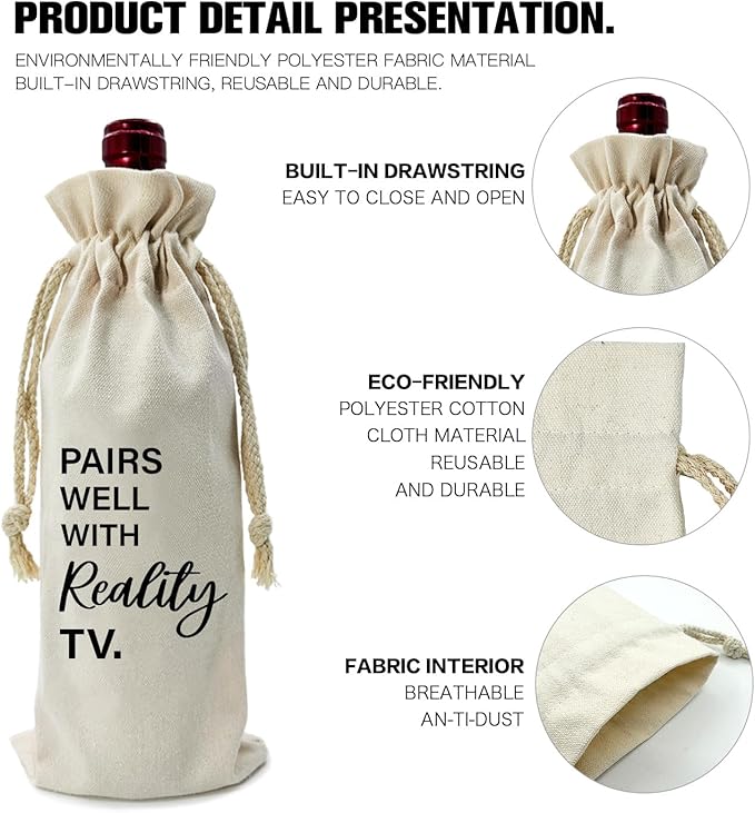ZHANTUONE,Pairs Well With Really TV,Funny Birthday Gift Ideas Wine Bag,Drawstring Polyester Cotton Cloth Wine Bag,For Friend Boss Teacher Wine Lovers Reusable Wine Wrap Bag,13IN