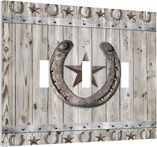 Rustic Western Wood Barn Door Horseshoe Iron Star 3 Gang Light Switch Covers Triple Toggle Wall Plate Decorative Switchplate Electrical Faceplate for Farmhouse Country Bedroom Decor