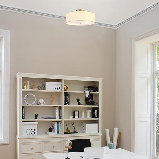 Globe Electric 60998 2-Light Flush Mount Ceiling Light, Matte Brass, White Linen Shade, Kitchen, Lights, Bathroom, Home Essentials, Bedroom, Closet Light, Lighting Fixtures, Dining Room