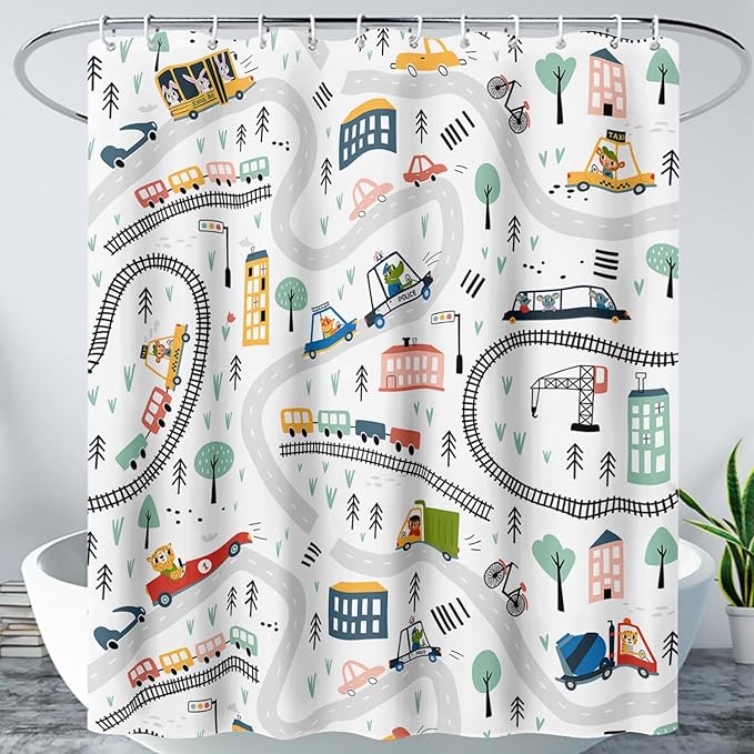 AILONEN Construction Truck Shower Curtain, Kids Cartoon Train Vehicle Tractor Cars Bath Curtain for Boys,White Road Map Bathroom Decor Waterproof Fabric 72" W*78" H Inch with 12 Plastic Hooks