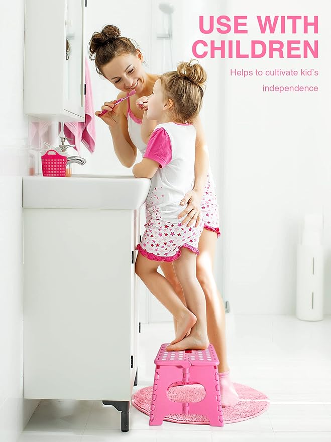 Folding Step Stool 11", Durable Kids Step Stool, Heavy Duty Step Stools for Adults, Compact Foot Stools, Light-Weight Toddler Step Stool for Kitchen, Bathroom, Holds Up to 300 lbs (Pink)