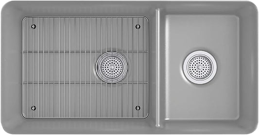 KOHLER K-8204-CM4 Cairn Sink, 33" Neoroc Composite Undermount Double-Bowl Kitchen Sink, Composite Kitchen Sink with Sink Rack, Matte Grey
