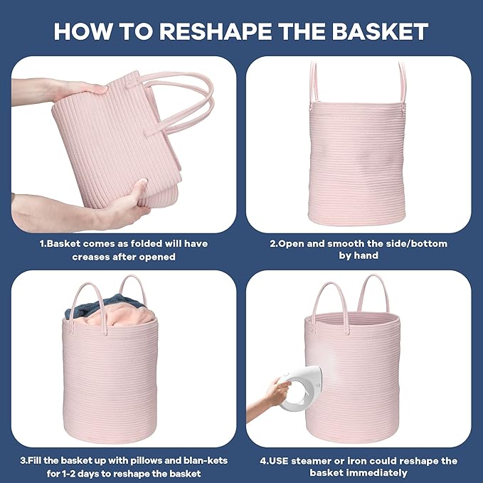 Baby Laundry Basket Hamper,Woven Cotton Rope Pink Laundry Basket Nursery Hamper Bin Storage Basket for Girls Kids Living Room Bedroom Cute Boho Tall Woven Rope baskets for Clothes Blanket Toys Large