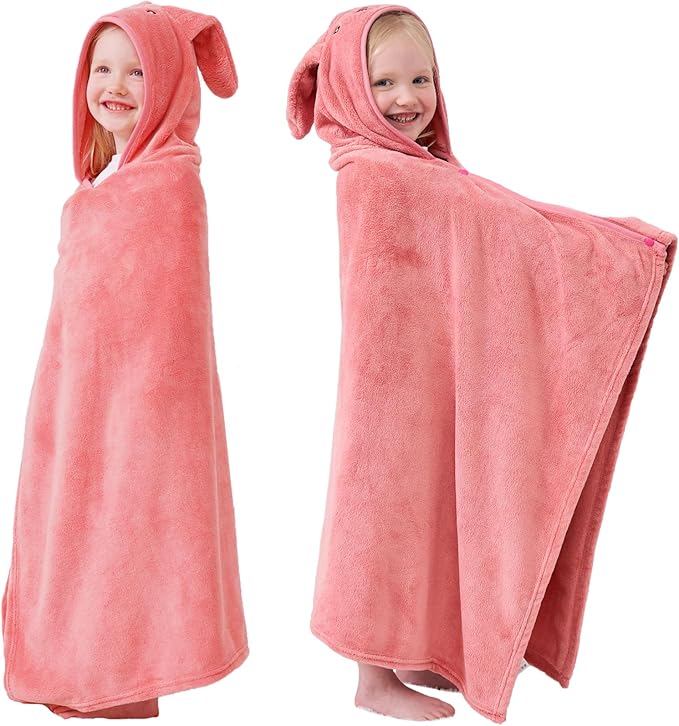 Hiturbo Kids Animal Hooded Towel: Soft Plush Fleece Blanket - 50"x30" Swim Cover Up - Pool Beach Bath Towel Wrap for 3-12 Yrs (Pink Rabbit)