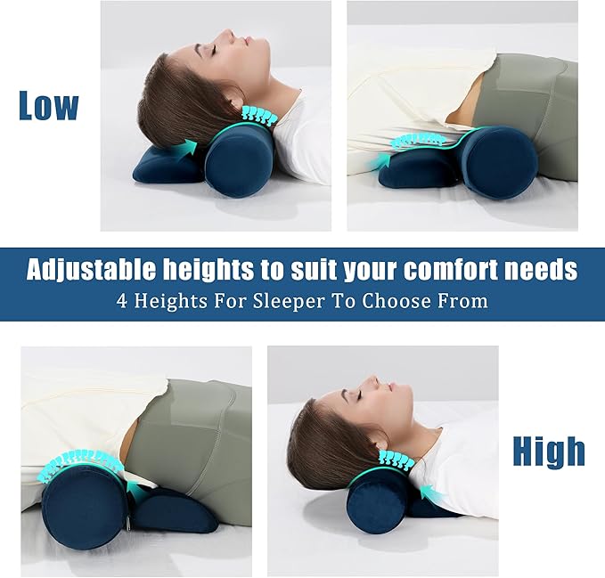 BALAPET Cervical Neck Pillow Adjustable Neck Roll Pillow for Comfortable Sleeping,Neck Support Pillow with Detachable Pad for Body Lumbar Knee Leg Relieve Muscle Tension Spine Alignment(navy blue)