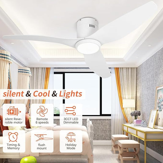 White Ceiling Fan with Light Remote 52in 6Speed Silent Reversible Motor 3CCT Dimmable LED Flush Mount Low Profile Fan Timer Memory Function Modern Plastic Blade Vacation Mode Indoor Outdoor
