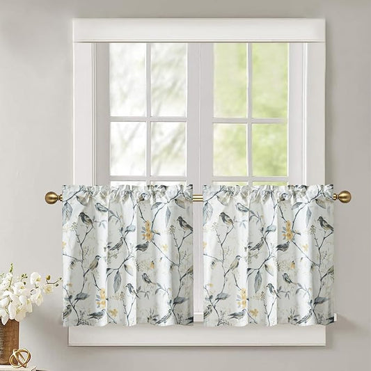 Leeva Elegant Grey Birds Curtain Tiers, Farmhouse Style Linen Textured Short Window Treatment for Bathroom Living Room Cafe, 2 Panels Set, 29 x 24 Inch