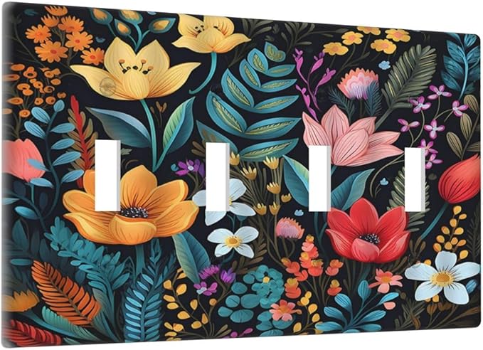 Boho Floral Vintage Flower Leaves Rustic Wildflower Plants Quad Toggle Light Switch Covers 4 Gang Wall Plate Decorative Switchplate Electrical Faceplate for Country Bathroom Bedroom Kitchen Decor